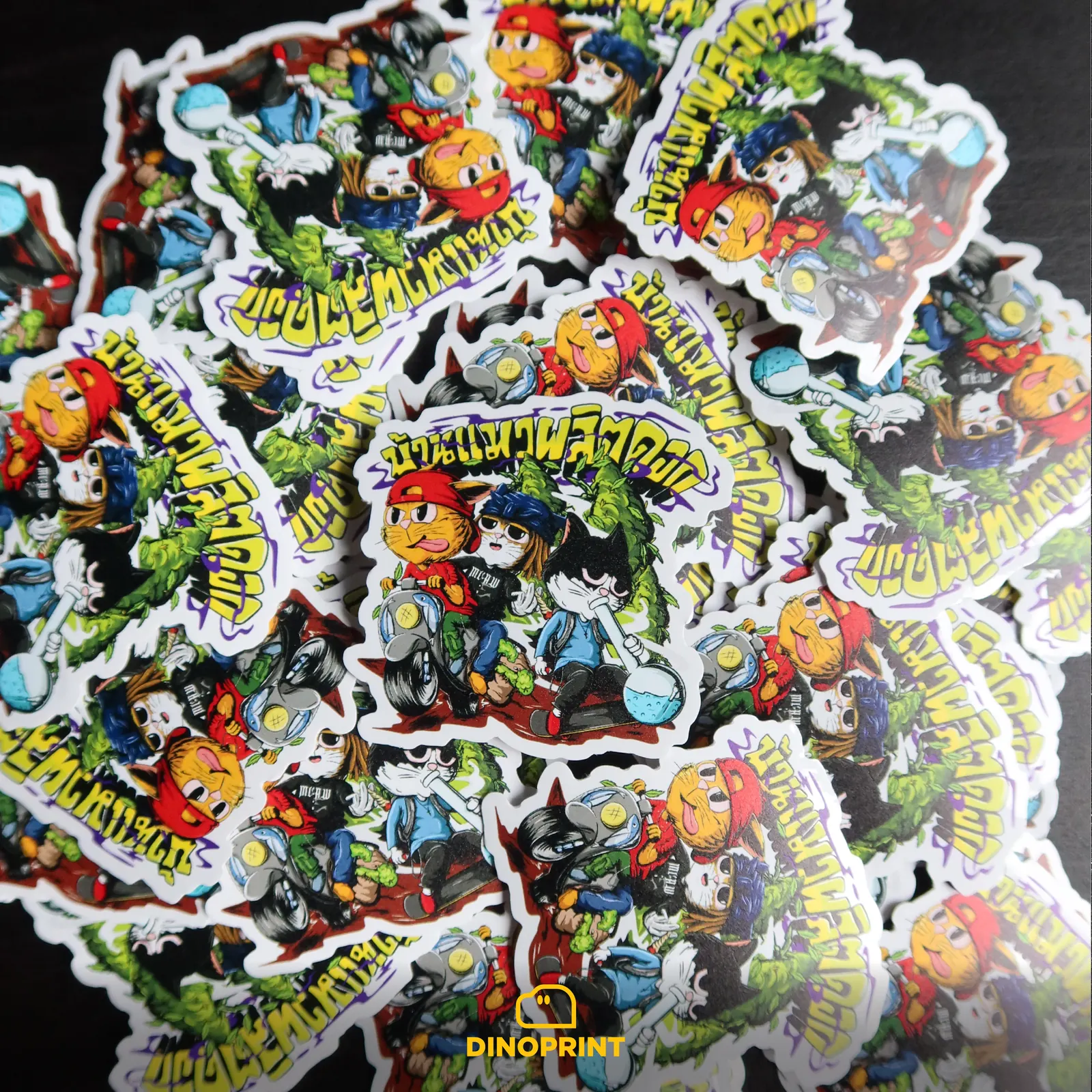 Pile of gloss PVC stickers with cartoon characters, die-cut to shape, real work from our shop